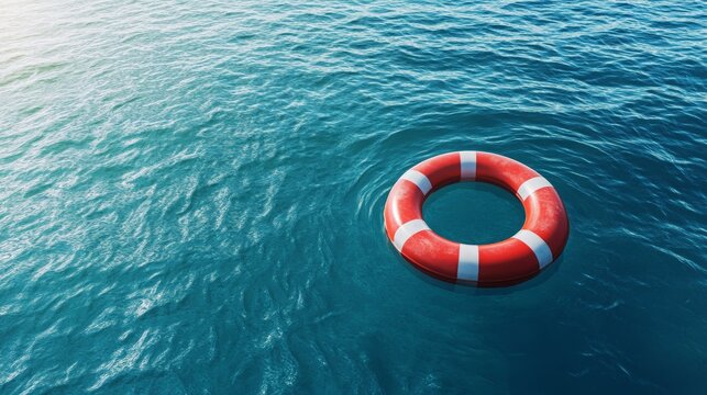 Red life preserver floating on calm blue ocean water safety rescue hope