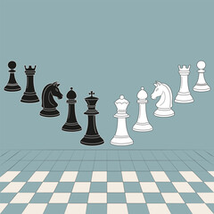 Chess tournament announcement design. Chess Figures on Chess board on Background. Chess Club banner template. Chess pieces on board vector illustration. Chess tournament poster.
