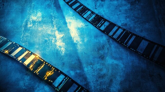 A textured blue filmstrip background with overlapping frames and glowing light leaks for a classic movie feel.