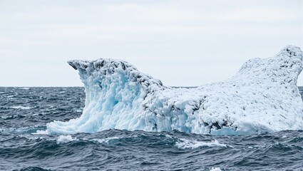 Naklejka premium Majestic iceberg in icy waters with jagged edges and translucent ice under wintry skies encapsulating solitude and raw beauty