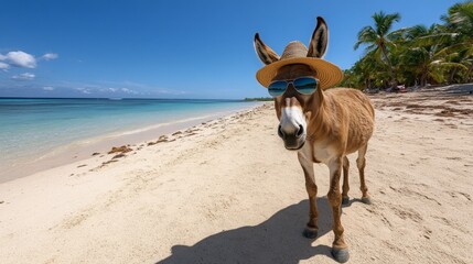 Cool Donkey enjoying a sunny beach vacation wearing a straw hat and sunglasses