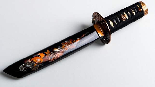 Close-up of an ornamental tanto blade featuring intricate inlaid artwork