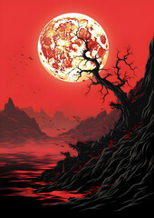 Fototapeta premium Pixel Art Red Full Moon Over Dark Mountain Landscape with Silhouette Trees and Ominous Atmosphere in Digital Painting