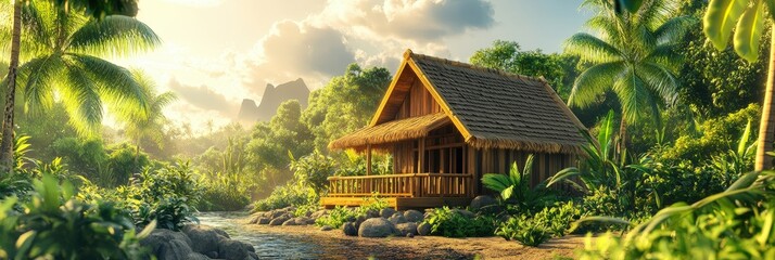 Fototapeta premium Traditional wooden hut in a tropical setting, surrounded by greenery
