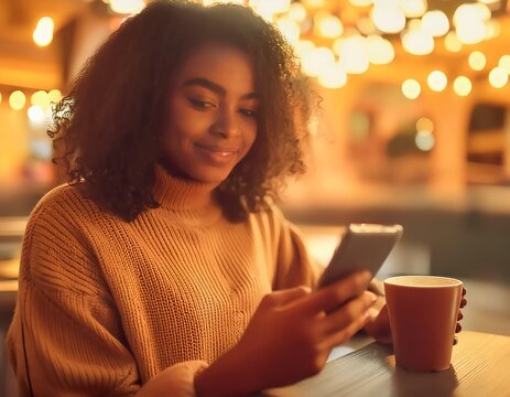 Young beautiful woman sitting at the table in the cafe drinking hot beverage coffee and using phone wireless smartphone technology.