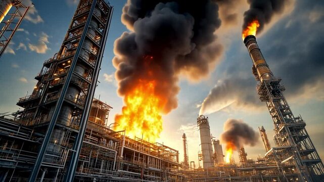 Industrial Inferno: Dramatic view of a burning industrial plant with billowing smoke against a vibrant sky, evoking the destructive power of unchecked industry. 