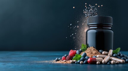 Innovative sport nutrition packaging design featuring supplement bottles and natural ingredients at a modern studio setting