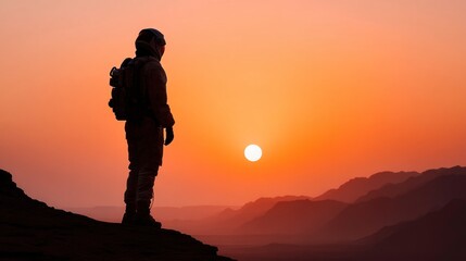 Astronaut observing sunset martian landscape inspirational image alien terrain silhouette perspective exploration concept