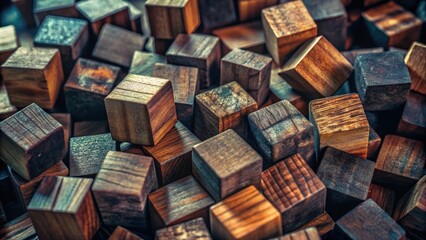Obraz premium A close-up of a random arrangement of wooden blocks with various shades of brown and blue, creating an abstract and textured visual display.