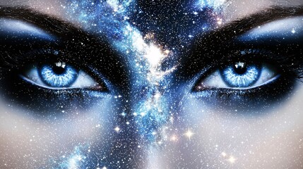 close-up of piercing blue eyes with a double exposure overlay of a starry galaxy, symbolizing cosmic dreams. Soft blue hues blend seamlessly. Copy space left. [Close-up of eyes]:[hopes and dreams 