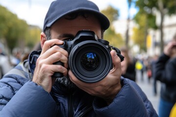 Fototapeta premium A passionate photographer holds a DSLR camera, focusing on capturing moments in a public space with a lively background, showcasing dedication to photography.