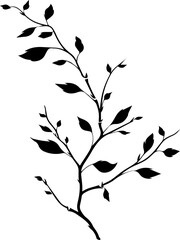 black and white silhouette of a twig with leaves, minimalist vector illustration