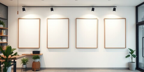 Modern minimalist interior with four empty picture frames on a white wall