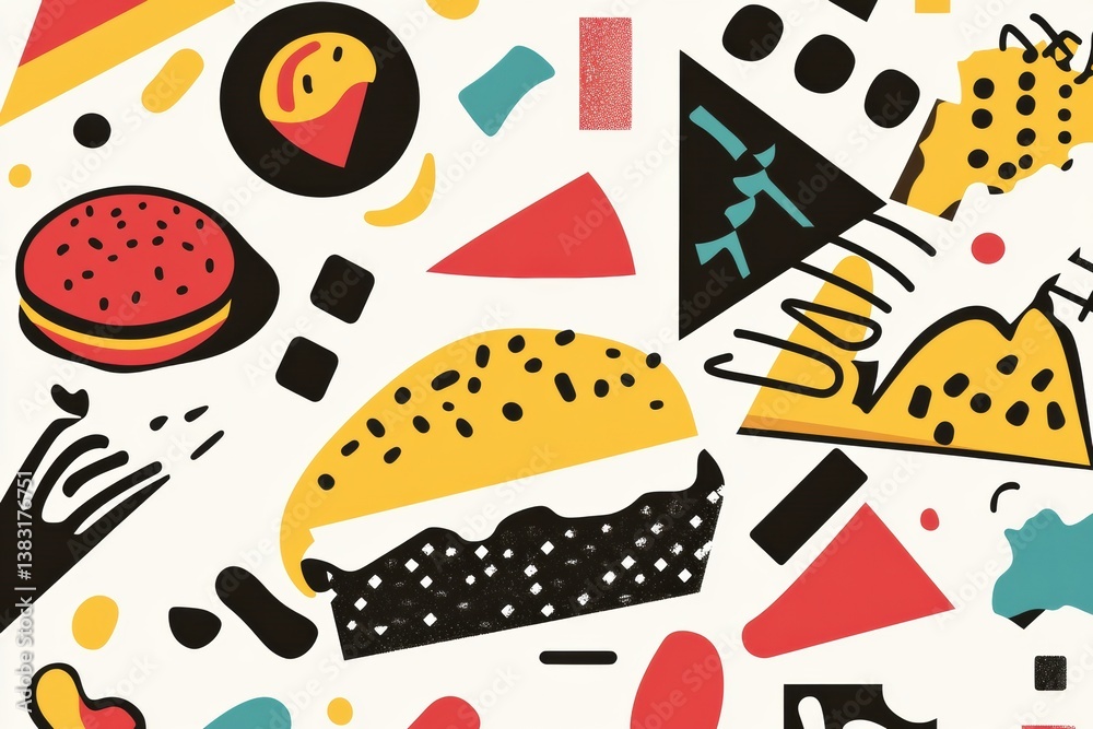 Poster bright memphis-style pop-art background filled with colorful abstract food shapes and geometric elem