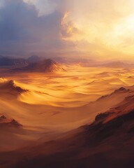 Naklejka premium Vast desert dunes glowing under the golden light of the setting sun