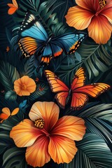 Vibrant butterflies hovering around exotic jungle flowers