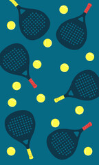 Padel rackets and balls seamless pattern on turquoise background