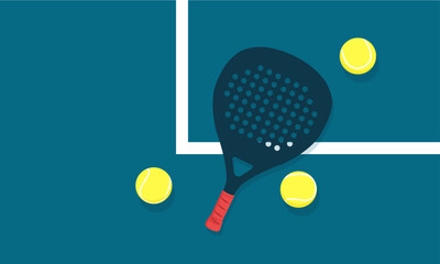 Padel racket and balls lying on the court corner