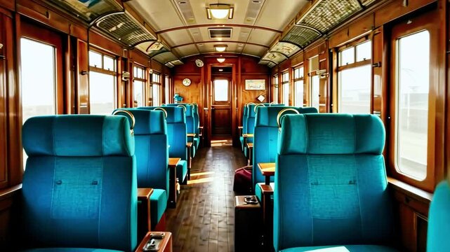 Cozy interior of a vintage train carriage featuring teal seating, warm wood accents, and sunlight streaming through windows