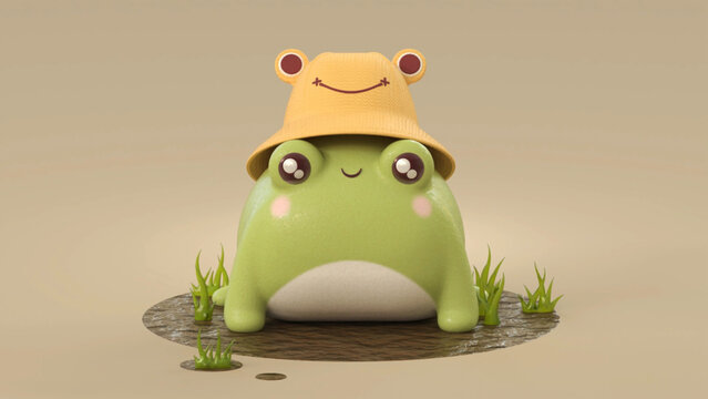 frog wear a hat in a mud 3d