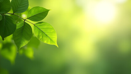 Obraz premium Fresh Green Leaves on Tree Branch in Sunlight with Soft Bokeh Background – Nature, Environment, Growth, Ecology, Sustainability, Wellness, Spring, Summer, Forest, Botanical, Tranquility, Relaxation.