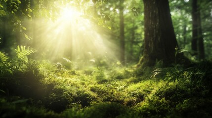 Obraz premium Sunlight streaming through trees in a lush green forest.