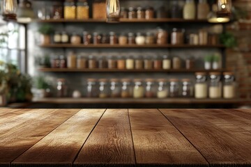Wooden table top with spices and jars