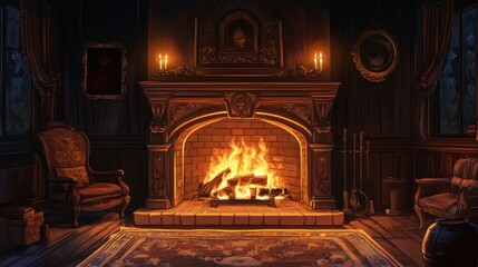 A warm, cozy fireplace with flickering flames.
