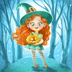 Cute cartoon redhaired witch girl hold a Halloween pumpkin lantern in night forest