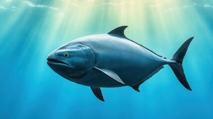 Obraz premium A close-up view of a majestic fish gliding through clear, blue waters, illuminated by soft sunlight, Ideal for marine biology projects, educational materials, and underwater exploration themes,