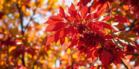Vibrant red Aronia melanocarpa leaves ablaze in autumn sunlight, fall, shrub