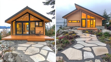 Modern Wooden Cabin with Stone Pathway Day and Night Exterior Views