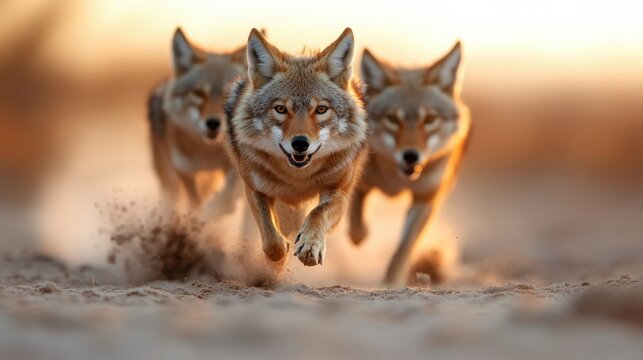 Fototapeta A compelling photo featuring three coyotes running in unison across sandy ground, highlighting their agility, strength, and the untamed spirit of nature at golden hour.