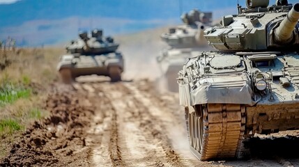 Fototapeta premium Military equipment in motion : tanks, armored personnel carriers or military vehicles during maneuvers. 