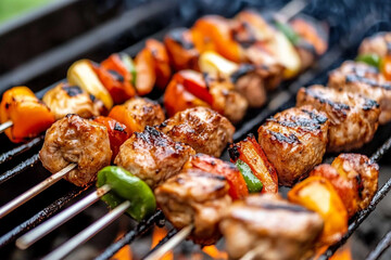 Friends gather to enjoy barbecue with delicious grilled kebabs and lively conversation in a backyard setting