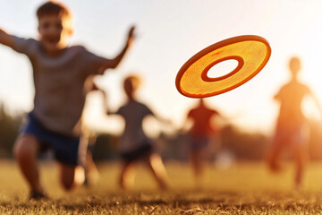 Friends enjoy a sunny afternoon playing frisbee in the park as the sun begins to set