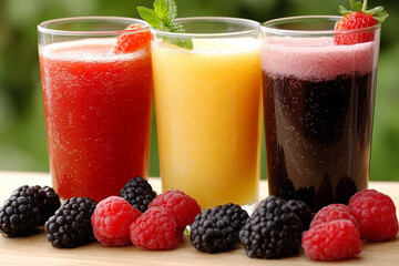 Healthy breakfast featuring fresh juice varieties and colorful fruits to start the day right in a natural setting