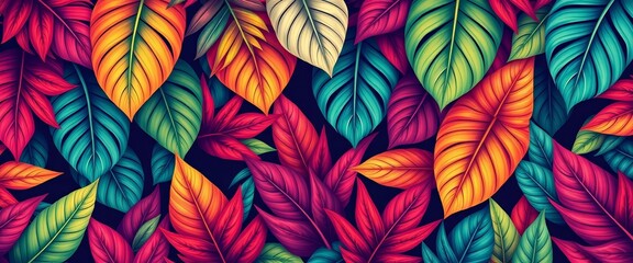 Vibrant tropical leaf pattern, ideal for summer wine label design,  wallpaper, design