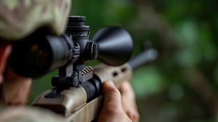 Military gunner in action : accurate shots at targets. 