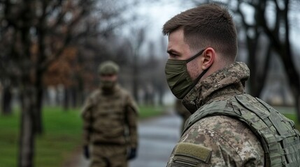 Obraz premium Military in quarantine or epidemic conditions : soldiers performing duties during a pandemic. 