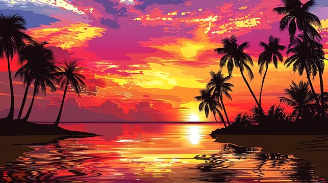 A beautiful sunset over the ocean. The warm colors of the sky and the palm trees create a relaxing and peaceful scene. - Powered by Adobe