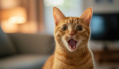 Ginger cat with wide-open mouth, looking surprised