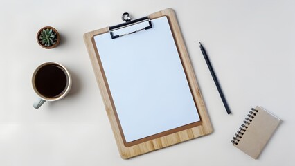 Wooden Clipboard with Blank Paper & Pen - Minimalist Office Essentials in Clean Top-Down Workspace Photo
