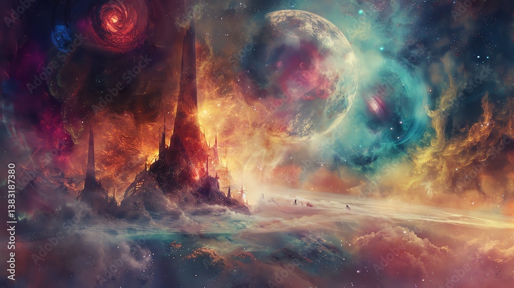 Canvas Prints a beautiful landscape of a distant planet with a large moon. the planet is covered in colorful cloud
