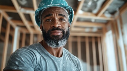 A focused male construction worker with a blue helmet stands amidst wooden frames, showcasing dedication and professionalism in his craft at a building site.