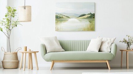 Scandinavian lounge, sage green stitched sofa, soft oil painting of lake landscape, calm interior, warm shadows