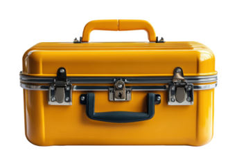 Opening a yellow toolbox workshop tool storage top view isolated on transparent background