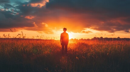 Silhouette of a person standing in a field as the sun sets in the background.