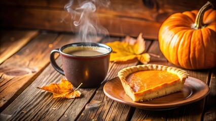 A slice of pumpkin pie on a plate next to a steaming mug of coffee and autumn leaves on a rustic wooden table