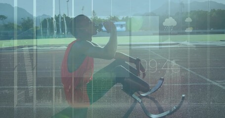 Athlete with prosthetic legs drinking water, weather data animation overlay - Powered by Adobe